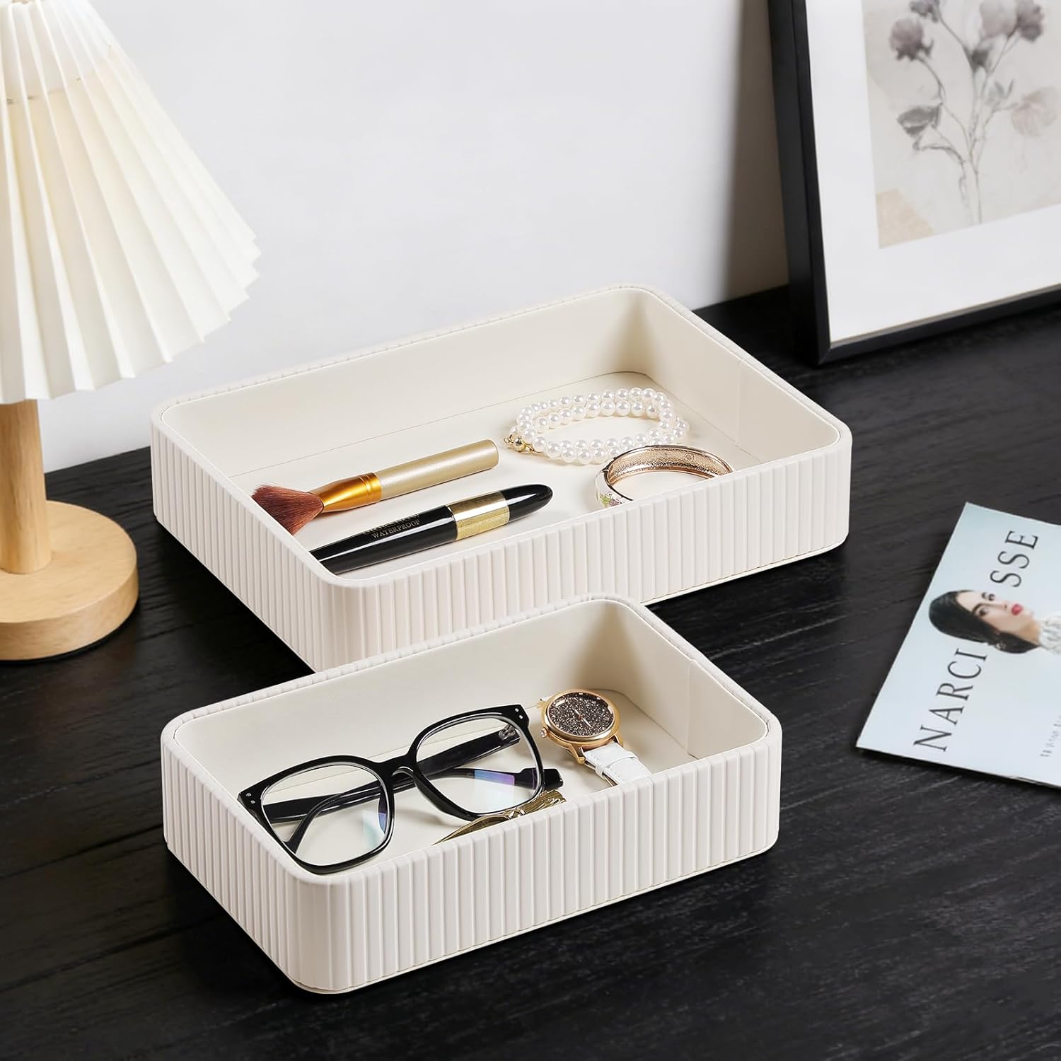 Desk Organizer Tray, PU Leather Nightstand Organizer Perfume Valet Tray for Men Women, Decorative Vanity Trays Trinket Dish Key Bowl for Entryway Table (2pcs, Ivory, Large+Small)