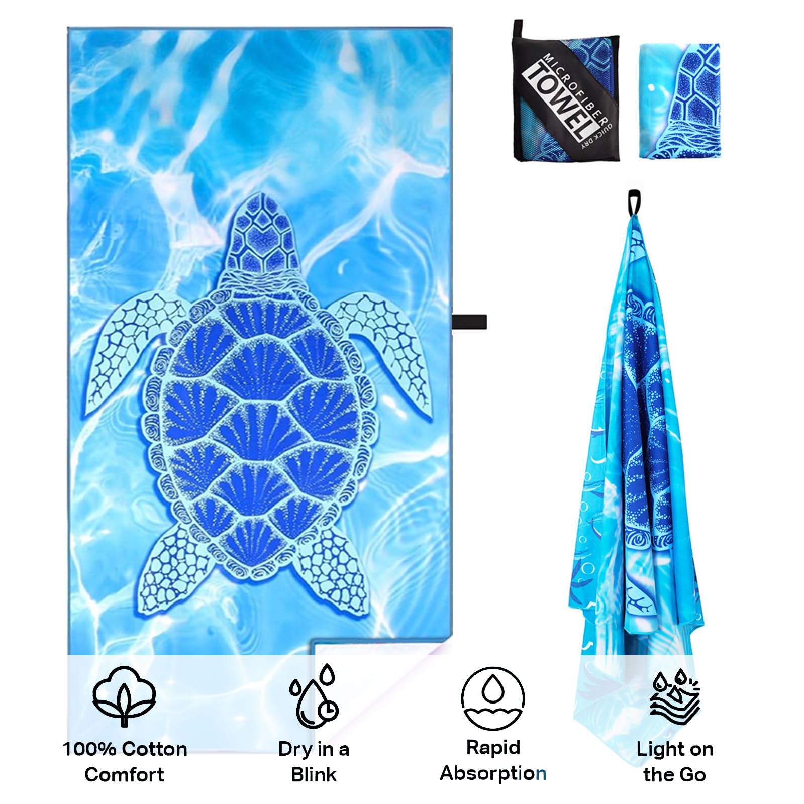 Mienocol Large Quick Dry Microfibre Beach Bath Towel for Adult,Blue Turtle Sand Free Beach Towel with Bag,Lightweight Gym Yoga Sports Towel,Compact Travel Summer Beach Towel for Women Men - Image 3