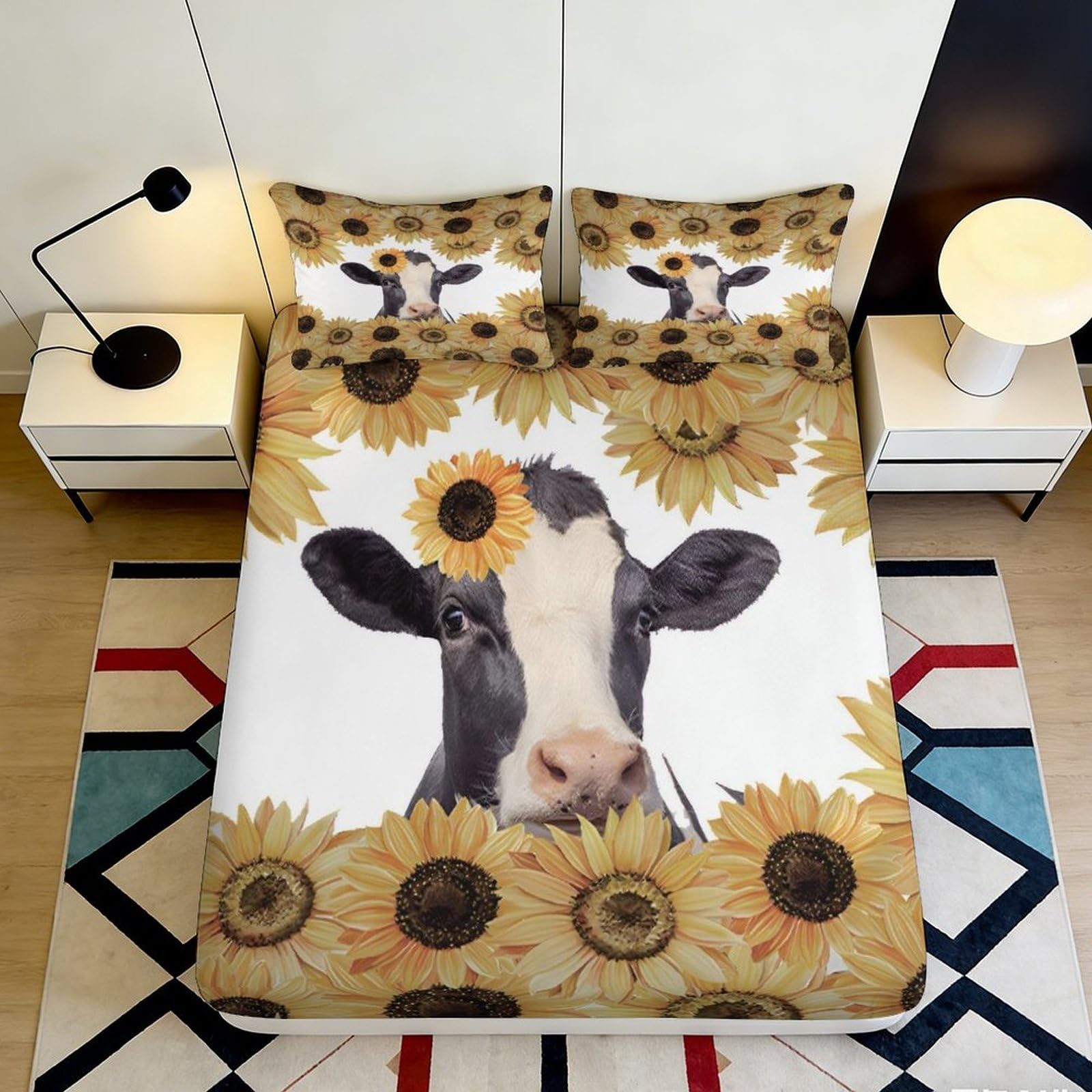 3D Printed Cow Sunflower Fitted Sheet Microfiber Soft Breathable Floral Bed Cover for Bedroom Dormitory Guest Room Mattress Protection Decor 180x200x25cm