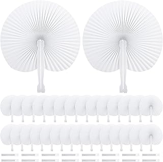 Coloch 48 Pack Folding Paper Hand Fans with Plastic Handle, Plain White Round Party Fans Pocket Fan for Wedding, Party Favor, Celebration, Home Decoration