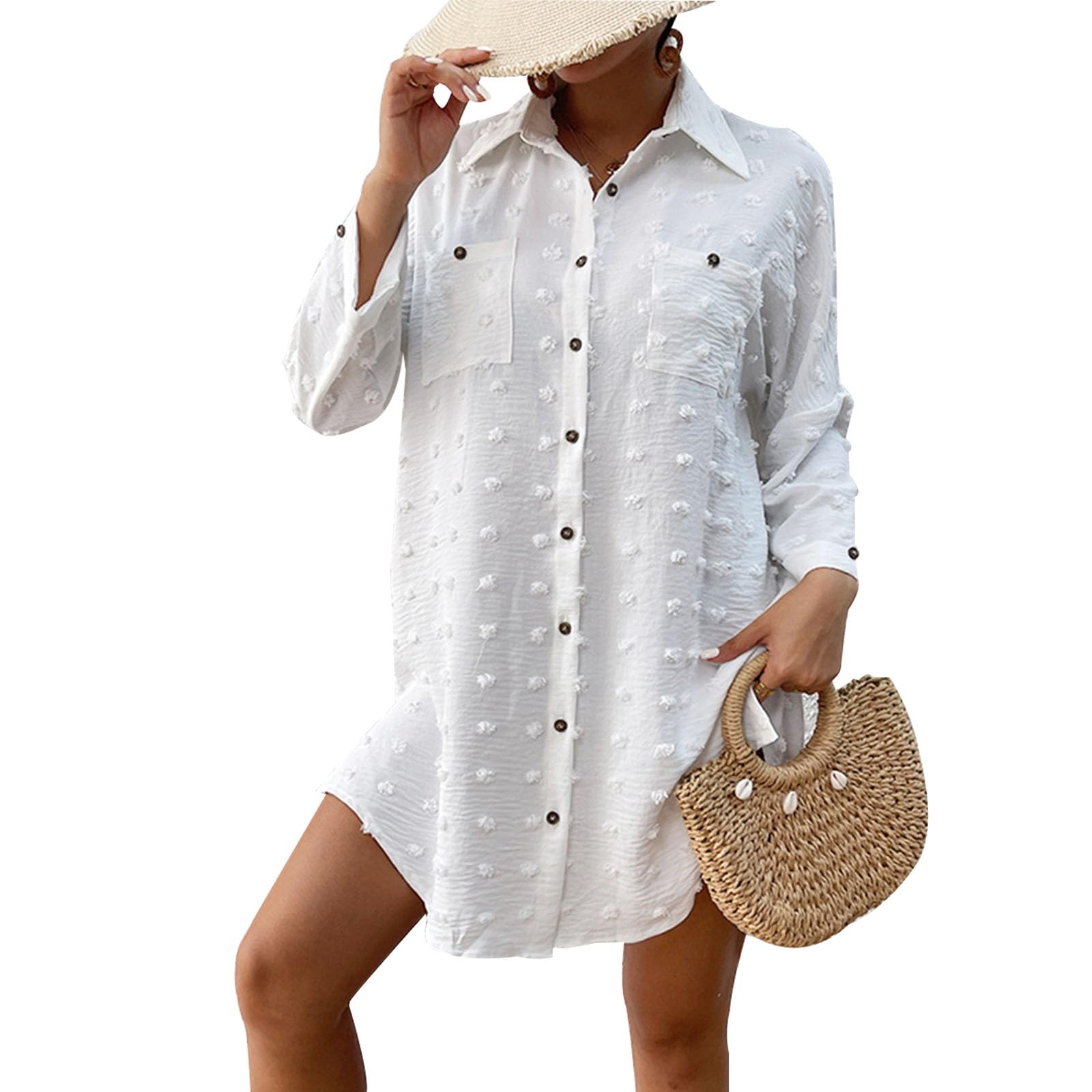 Baynetin Vestido con Botón Mujer Verano Camisas Mujer Largos Traje de Playa Casual Blusa de Cuello en V Manga Larga Traje de Baño Bikini Cover Up de Botones