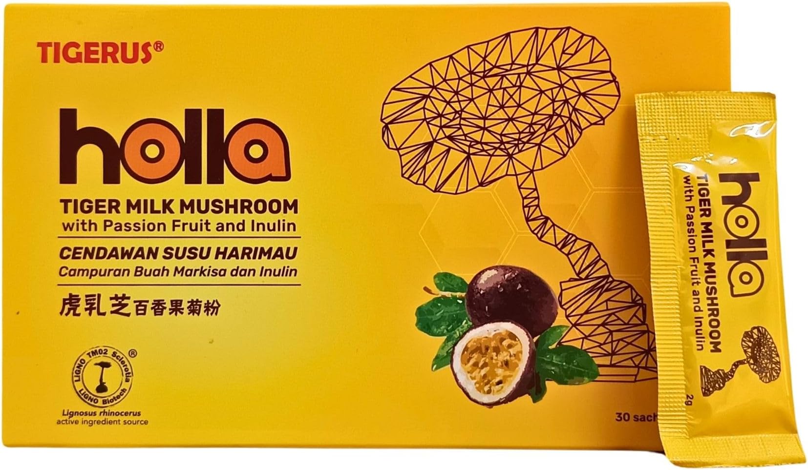 TIGERUS® Holla Tiger Milk Mushroom with Passion Fruit and Inulin - Immune Support, Digestive Health, Antioxidant Boost, Natural Wellness Supplement - 30 Sachets
