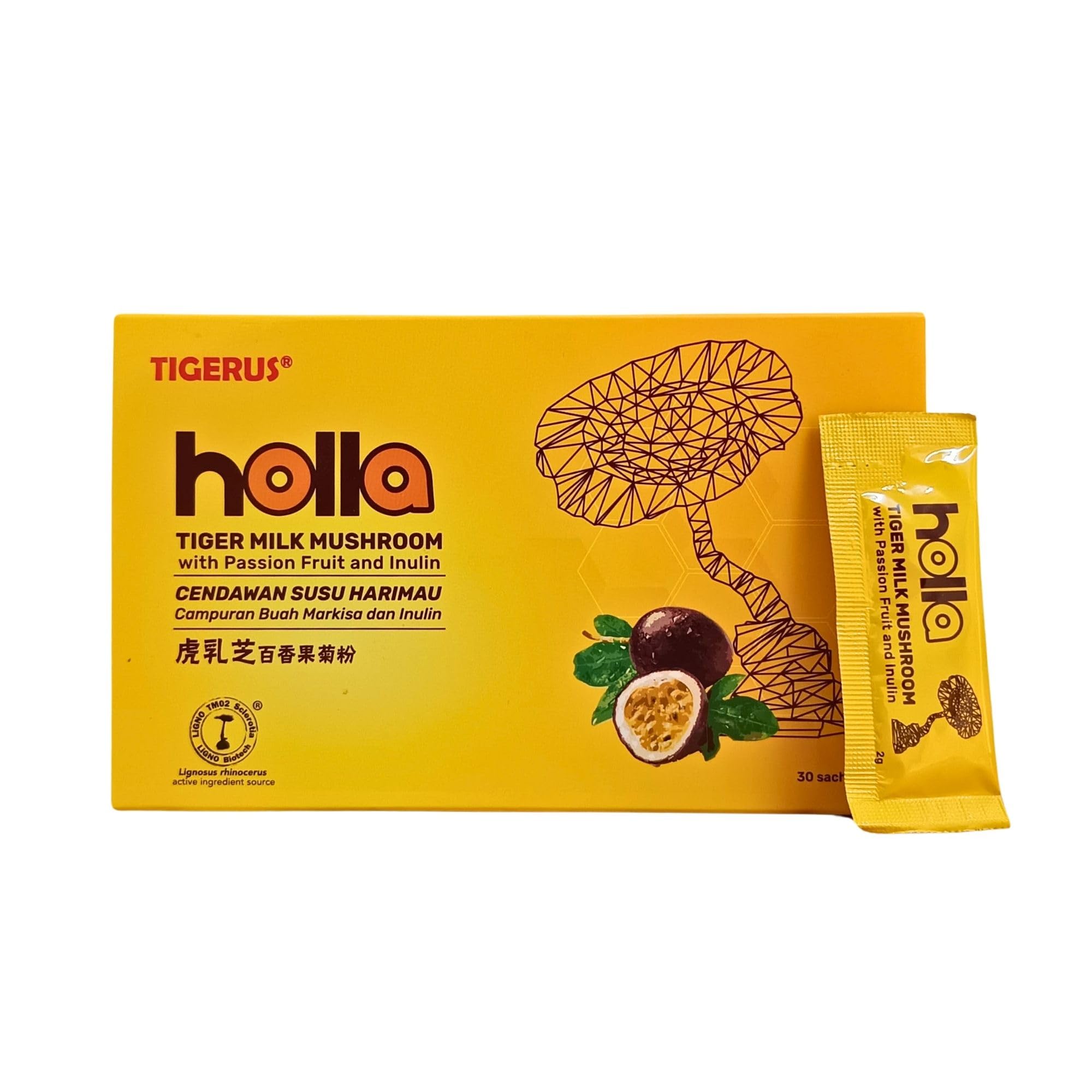 TIGERUS® Holla Tiger Milk Mushroom with Passion Fruit and Inulin - Immune Support, Digestive Health, Antioxidant Boost, Natural Wellness Supplement - 30 Sachets