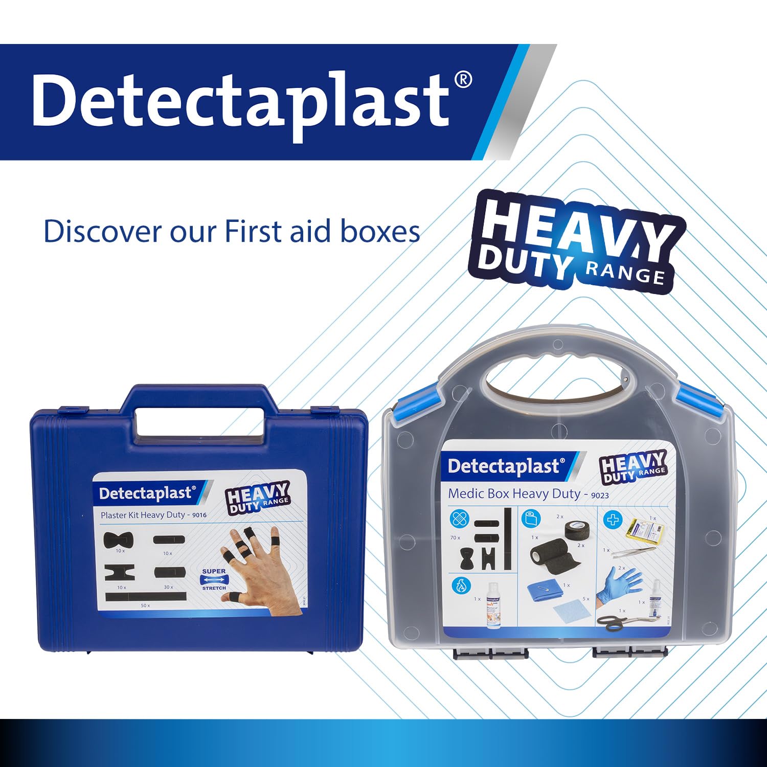 Detectaplast Kit pronto soccorso professionale con cerotti neri resistenti y cerotto spray, ideale per industria, artigiani, ristorazione, officine e uso quotidiano. Valigetta portatile. 86 pezzi