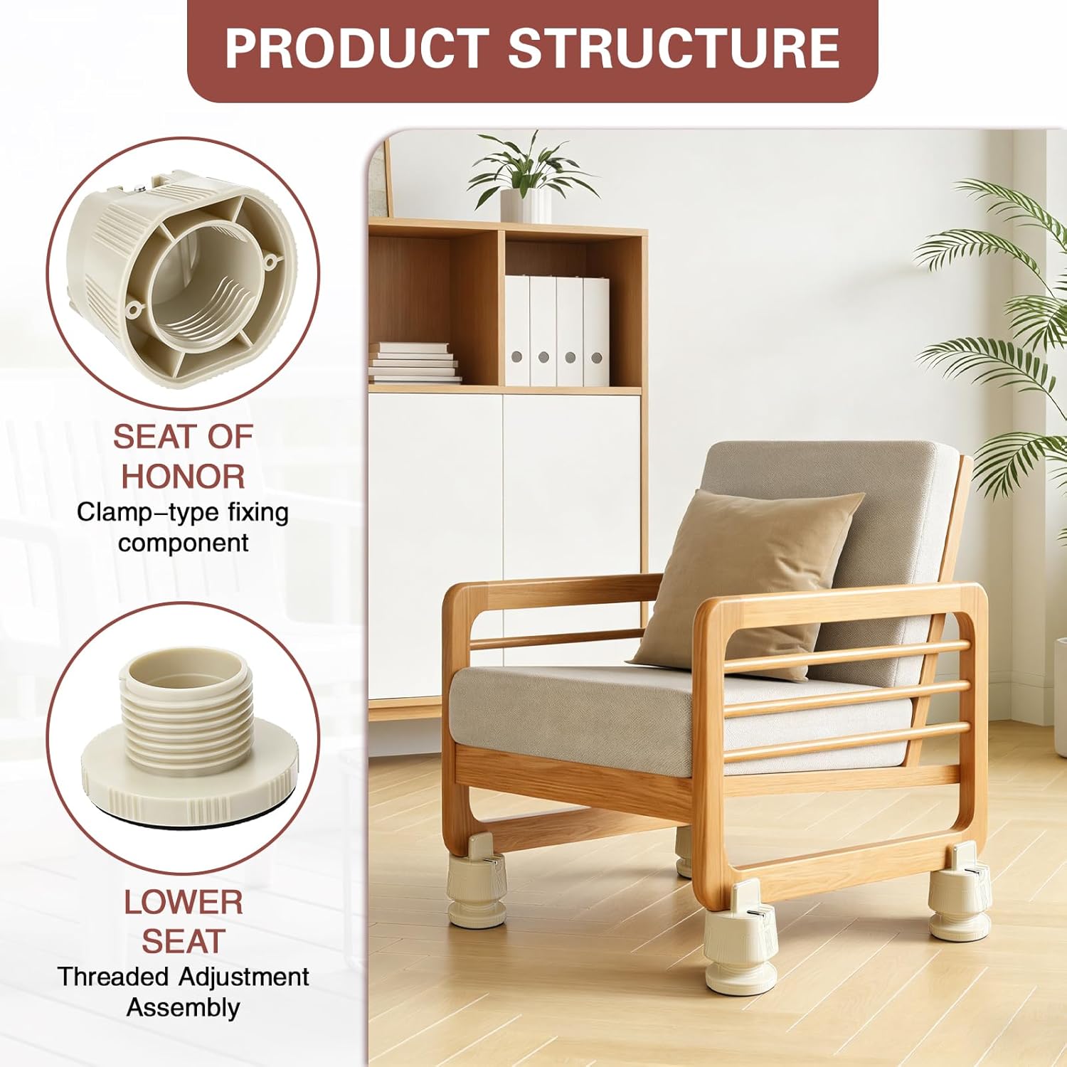 Adjustable Furniture Risers,Heavy Duty Bed Risers, 2.36 in to 3.15 in Leg Lifts with Clamp Design, Heavy Duty Clamp On Levelers for Chair Table Sofa Cabinet Legs (Beige)