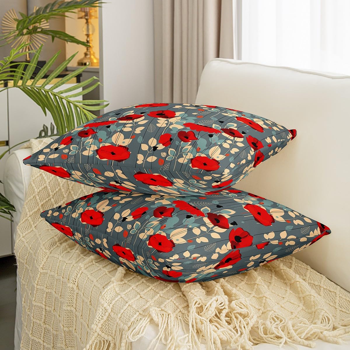 Ramirar Set Di 2 Federe Decorative 45x45 Cm – Stile Acquerello Con Papaveri – Cotone E Lino, Marrone – Per Cuscini Divano, Letto, Auto - 3