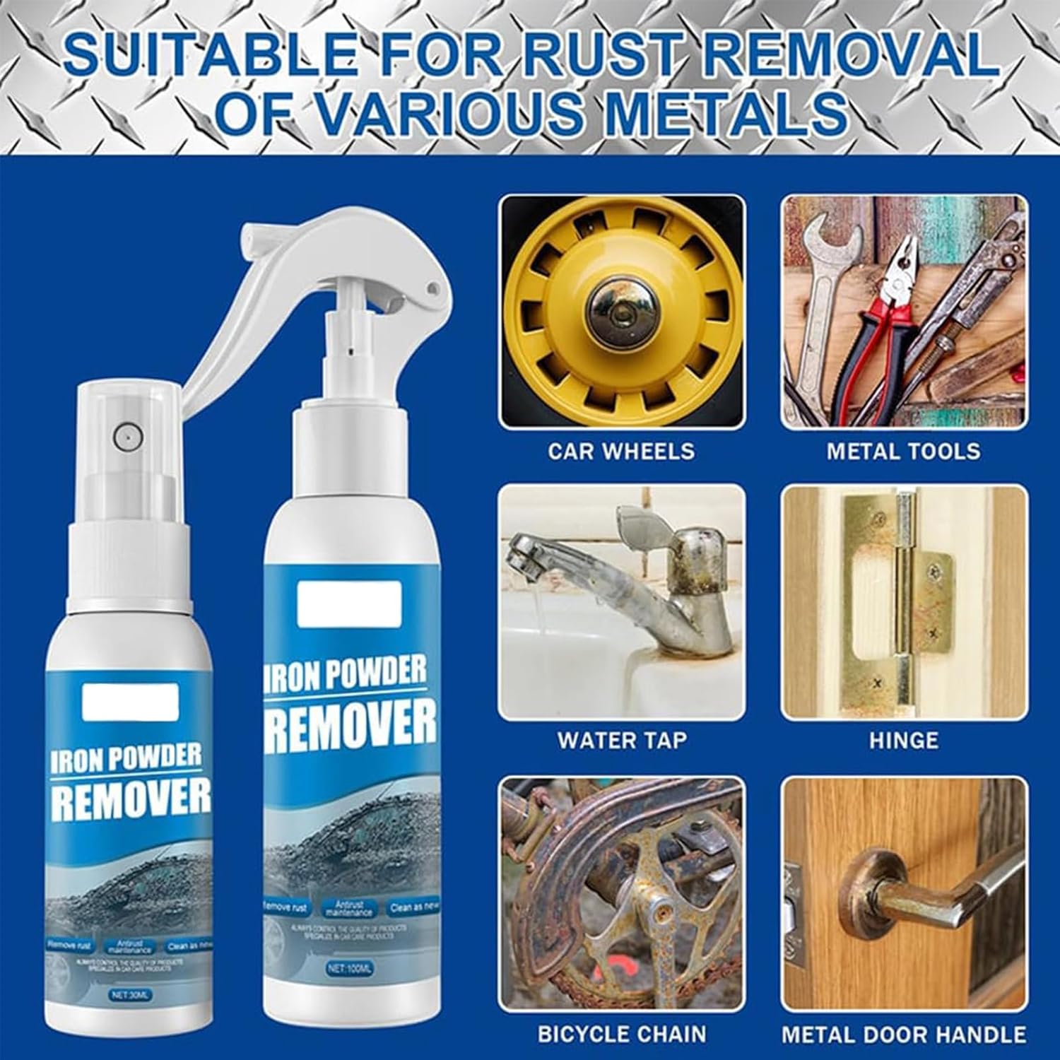 Multi-Functional Quick-Acting Rust Removal Spray, Iron Power Remover, Portable & Effective Car Rust Remover, for Vehicles, Tools, Metal, Chains (300ML)