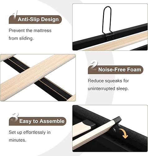 Vista 8 de Cama de Almacenamiento Elevable Tamaño Queen con Cabecera Wingback, Marco de Cama Plataforma Moderna Tapizada en Lino con Soporte de Listones