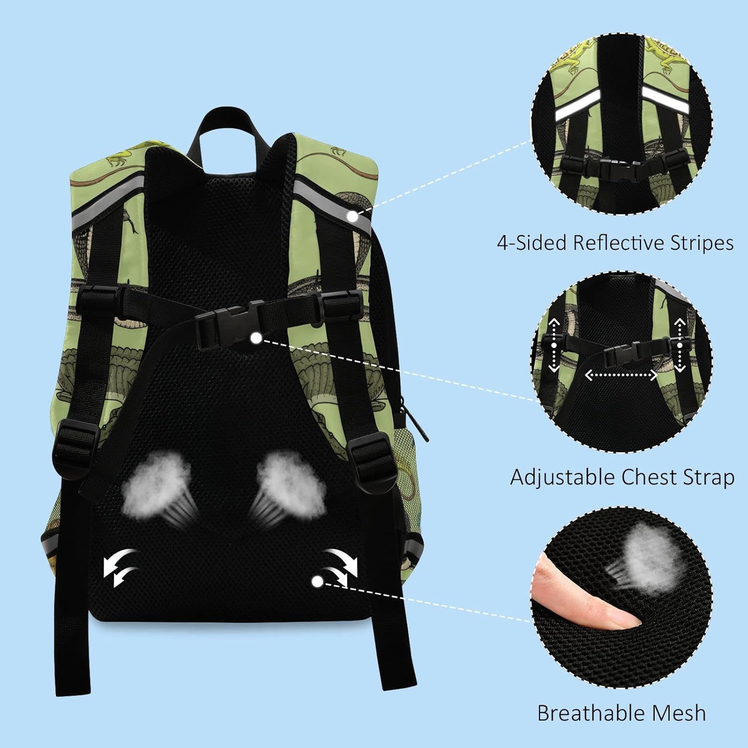 Snakes Lizard Chameleon and Turtle Animal Kids Backpack for Boys Girls, Kindergarten Elementary Backpack with Chest Strap, Preschool Toddler Bookbag with Reflective Stripes