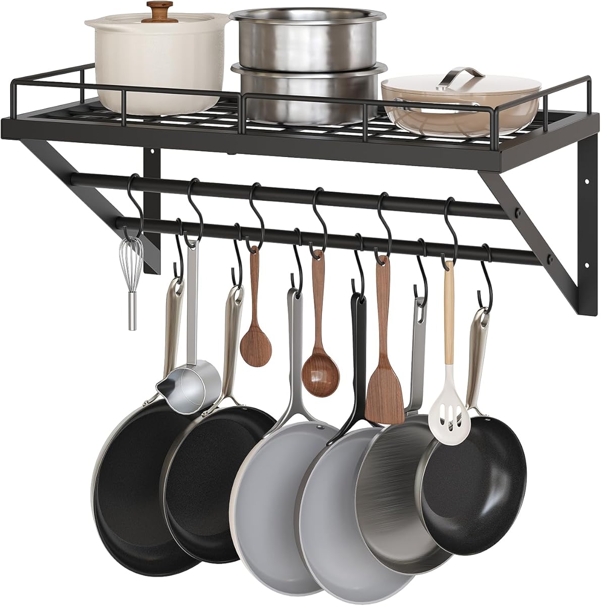 Wall Mounted Pot Rack, 23.8 Inch Pot and Pan Organizer with 2 Tier Hanging Rails, 12 S-Hooks, Metal Pot Rack for Kitchen Cookware Organizer, Space Saving, for Kitchen Utensils, Black PR01BK