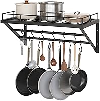 Yatiney 23.8" Wall Mounted Pot Rack with 2-Tier Rails & 12 S-Hooks - Heavy-Duty Iron Pan Organizer, Space-Saving Kitchen Storage, Black PR01BK