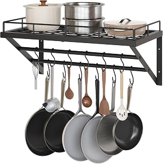 Yatiney 23.8" Wall Mounted Pot Rack with 2-Tier Rails & 12 S-Hooks - Heavy-Duty Iron Pan Organizer, Space-Saving Kitchen Storage, Black PR01BK
