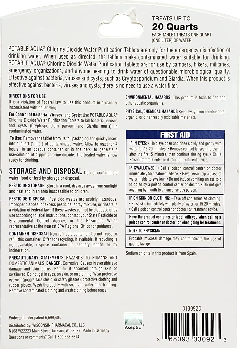 Potable Aqua Chlorine Dioxide Water Purification Tablets - 20 Count : Tools & Home Improvement