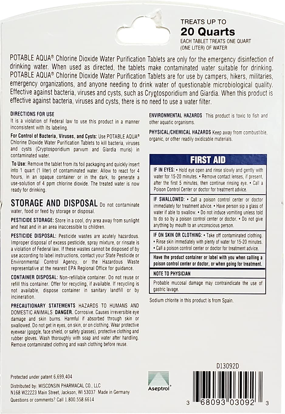 Potable Aqua Chlorine Dioxide Water Purification Tablets - 20 Count : Tools & Home Improvement