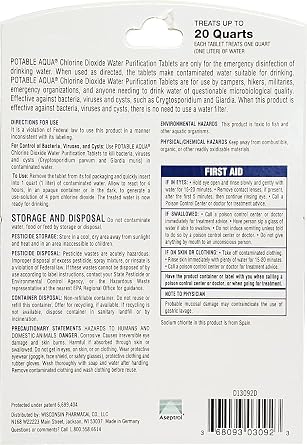 Potable Aqua Chlorine Dioxide Water Purification Tablets - 20 Count