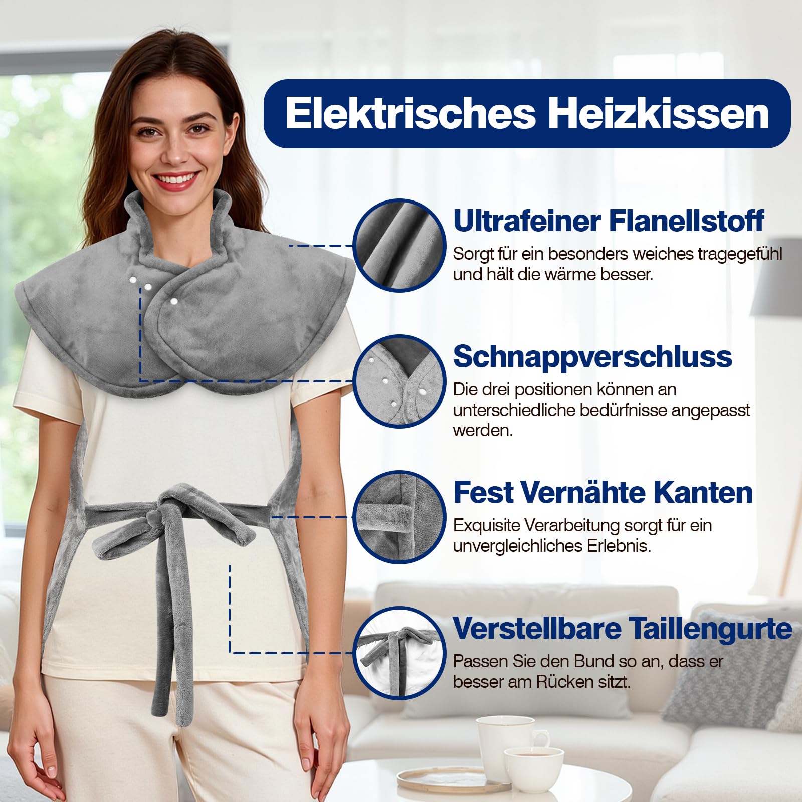 Heizkissen für Rücken Schulter Nacken 60 x 100cm, Heizdecke 9 Heizstufen mit 4 Zeitschaltuhren Wärmekissen mit Taillenriemen, Schnelle Erwärmung, Rückenwärmer Abschaltautomatik, Flanell