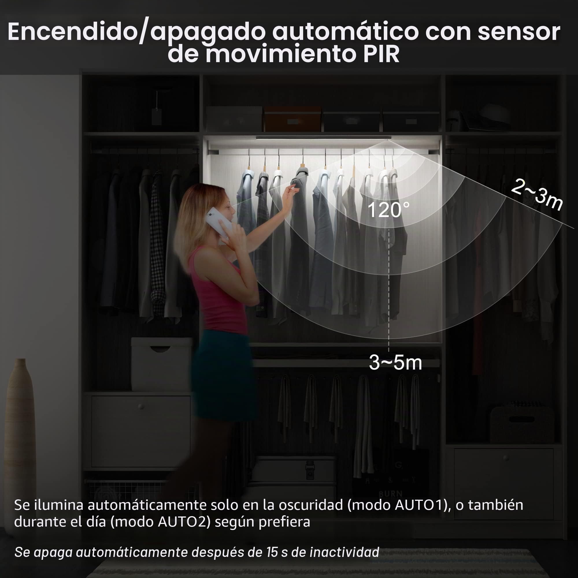 60cm Luz con sensor movimiento, ajustable, led sin contacto, con modos 3 Colores para cocina, armario, bajo mueble