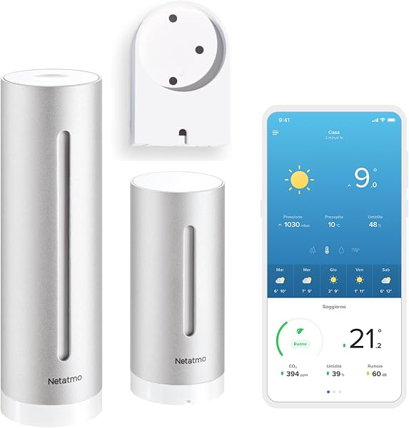 Netatmo Stazione Meteo con Sensore Esterno Wireless con supporto a parete, Termometro, Igrometro, Barometro, Sonometro, Qualità dell'aria, Compatibile con Amazon Alexa, Apple e Google, NWS-AMZ - 1