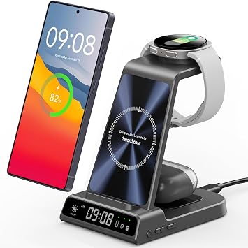 Wireless Charger for Samsung S26 Ultra/S26+, Wireless Charging Station for Galaxy S25 Ultra/S25+/S25/Z Flip7/Z Fold/S24/S23/S22, for Galaxy Watch 8/8 Classic/7/Ultra/6/5, Galaxy Buds4 Pro No Adapter | for Samsung S26+/S25 Ultra/S25/Z Flip8/S24/S23/S22, Galaxy Watch 8/Ultra/7/6/5, Galaxy Buds4 Pro, Space-saving, LED Clock