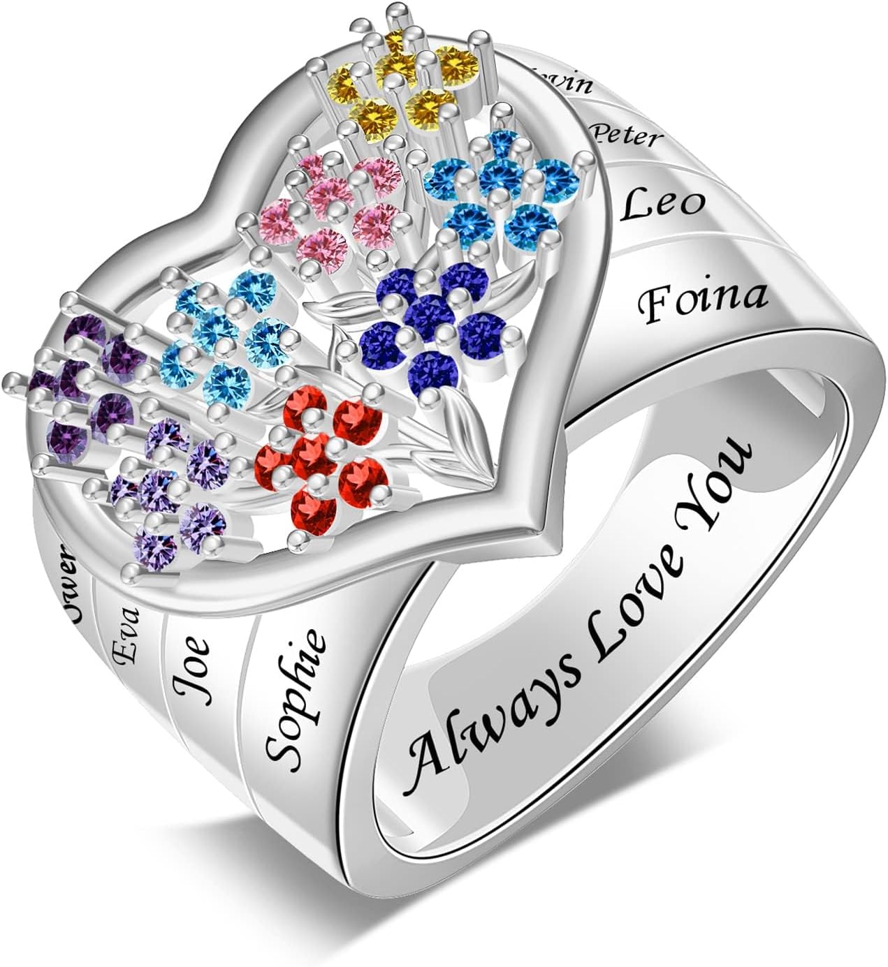 Custom Mothers Ring Personalized Heart Birthstones Ring for Women Engraved Family Ring with Flower Birthstones Gift for Women Birthday Mothers Day