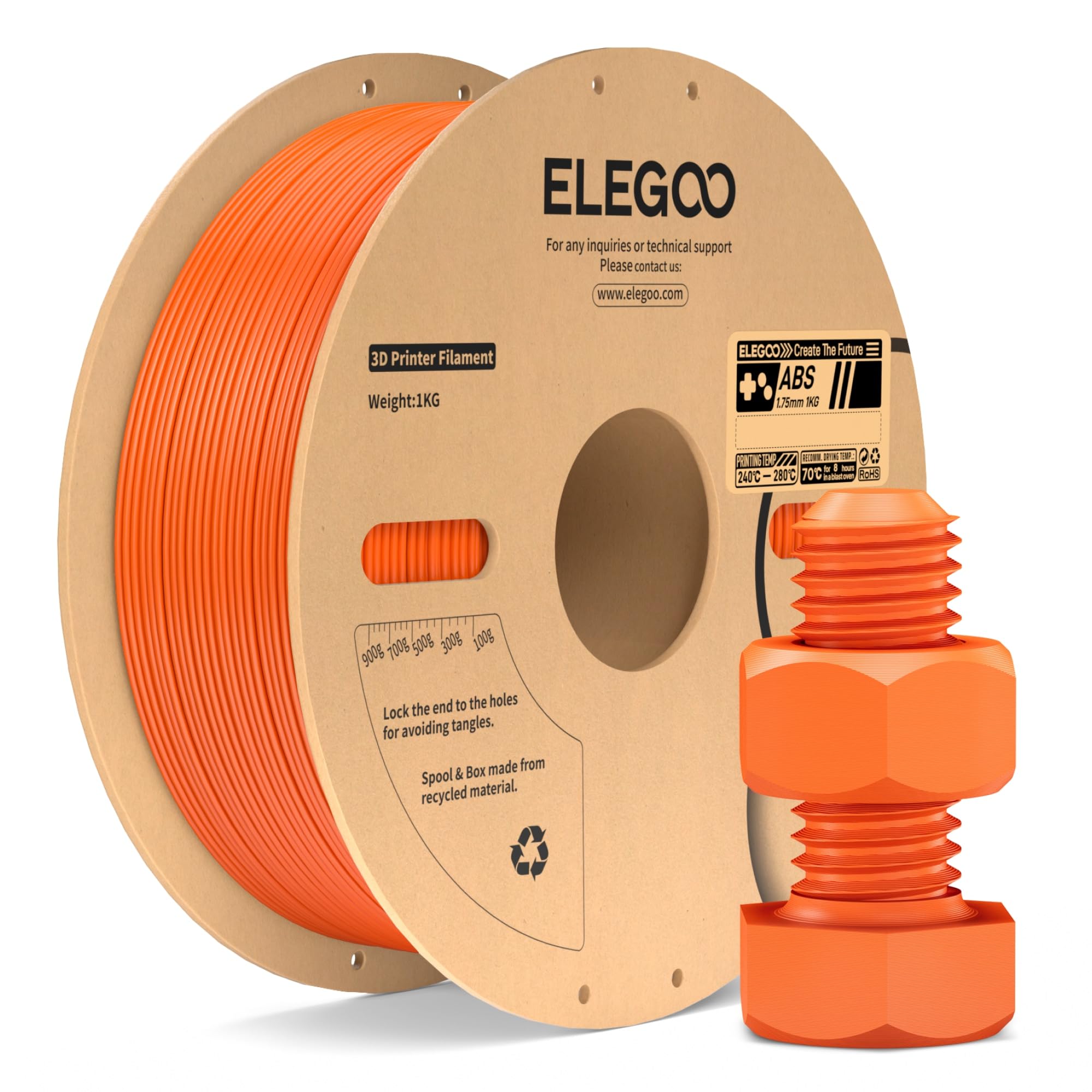 ELEGOO ABS Filament 1.75mm Orange 1KG, Heat Resistant 3D Printer Filament High Toughness & Impact Resistance, 1kg spooll(2.2lbs) Fits for Most FDM