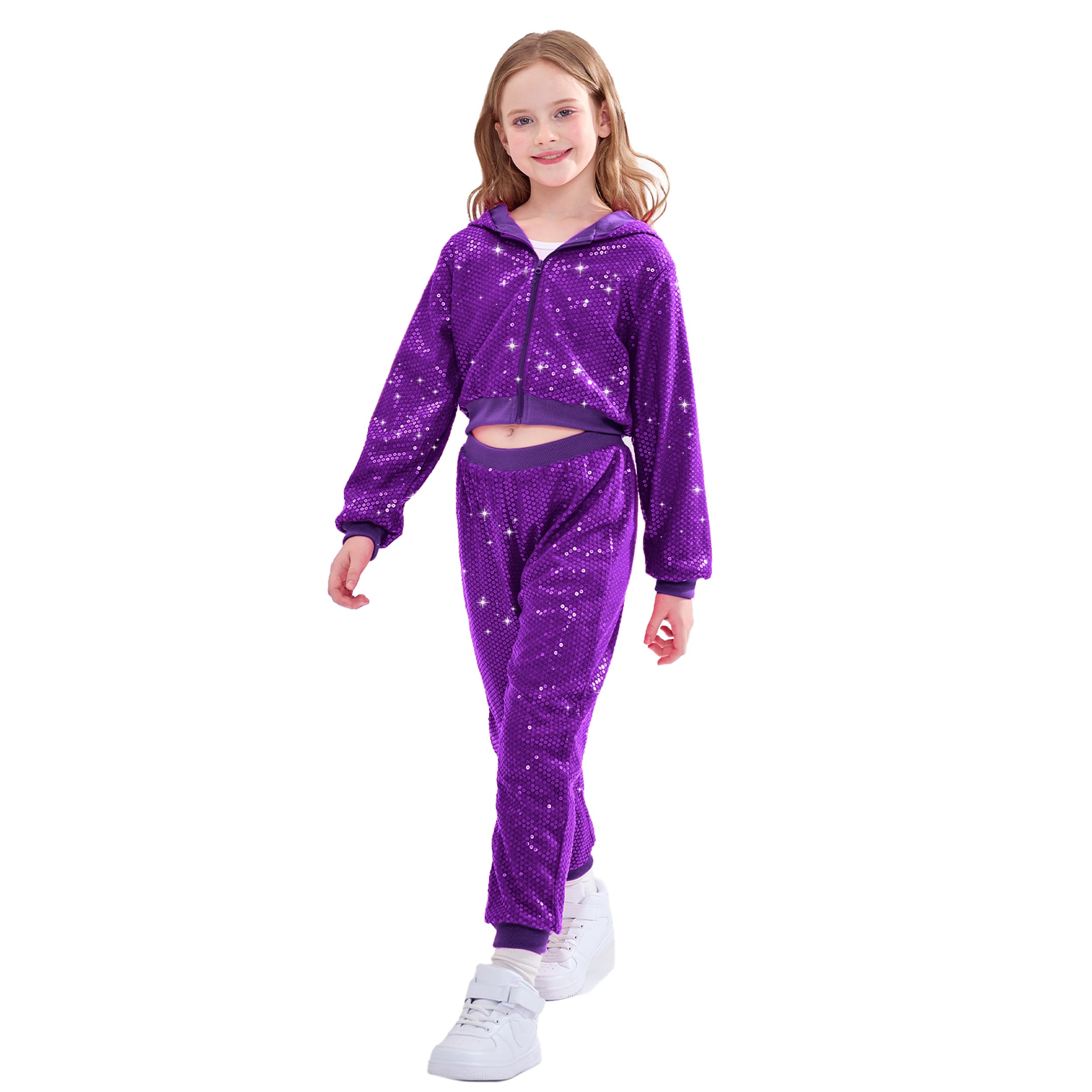 LOLANTA 2Pcs Girls Dance Outfits Cropped Sequin Jacket Pants Set, Kids Hip Hop Dance Costumes for 80s 90s Party 5-15 Years