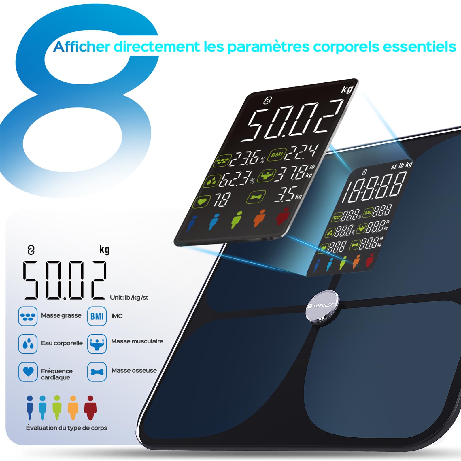 Balance Connectée avec APP, Impédancemètre Intelligente 22 Données Corporelles, Analyse Masse Graisseuse et Musculaire, IMC