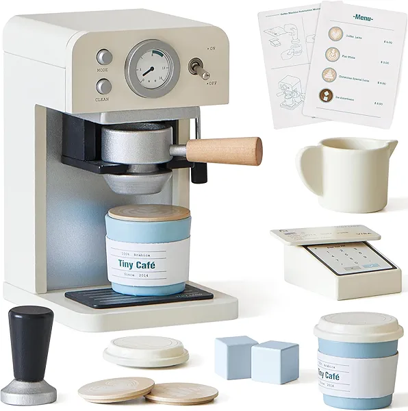 Tiny Land Kids Wooden Coffee Maker Playset – Pretend Play Espresso Machine with POS Machine and Toy Bank Card, Barista Role Play Café Set, Montessori Kitchen Toy for Boys & Girls