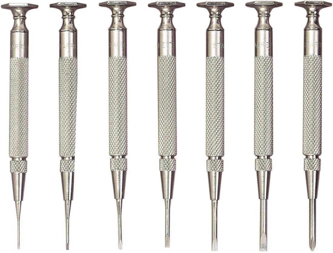 Starrett Jewelers Screwdriver Set with Knurled Grip Nickel-plated Steel Bodies and Case - 0.025-0.100" Blade Width, 3-3/4" Overall Length - Set of 7 - S555Z-7