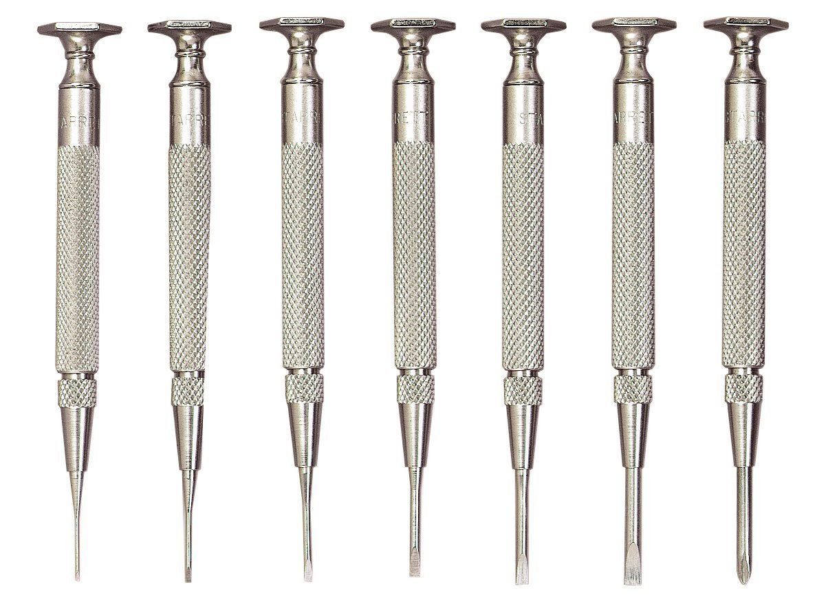 Starrett Jewelers Screwdriver Set with Knurled Grip Nickel-plated Steel Bodies and Case - 0.025-0.100-Inch Blade Width, 3-3/4-Inch Overall Length, Set of 7 - S555Z-7