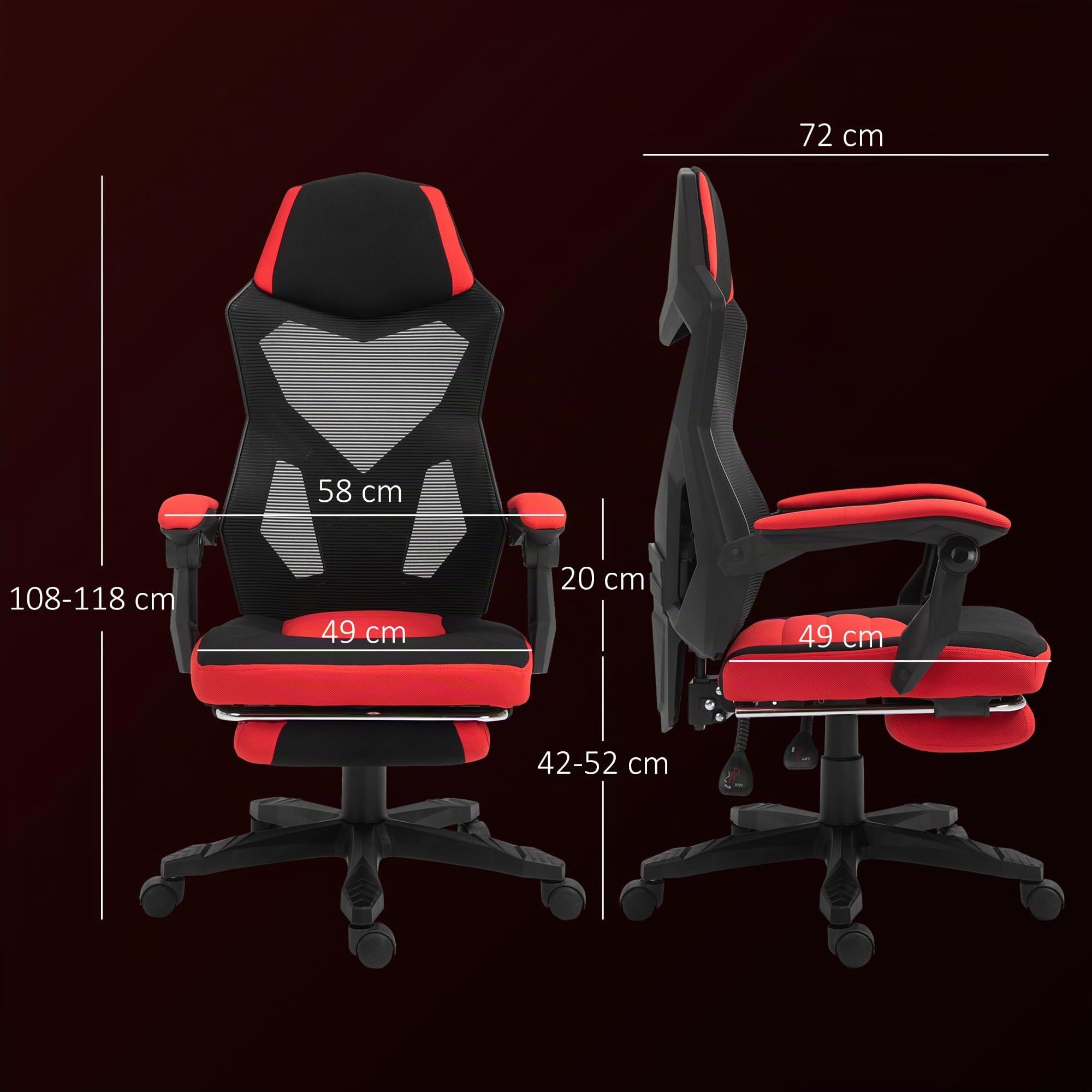 Vinsetto Silla Gaming Giratoria de Malla con Reposapiés Retráctil Rojo