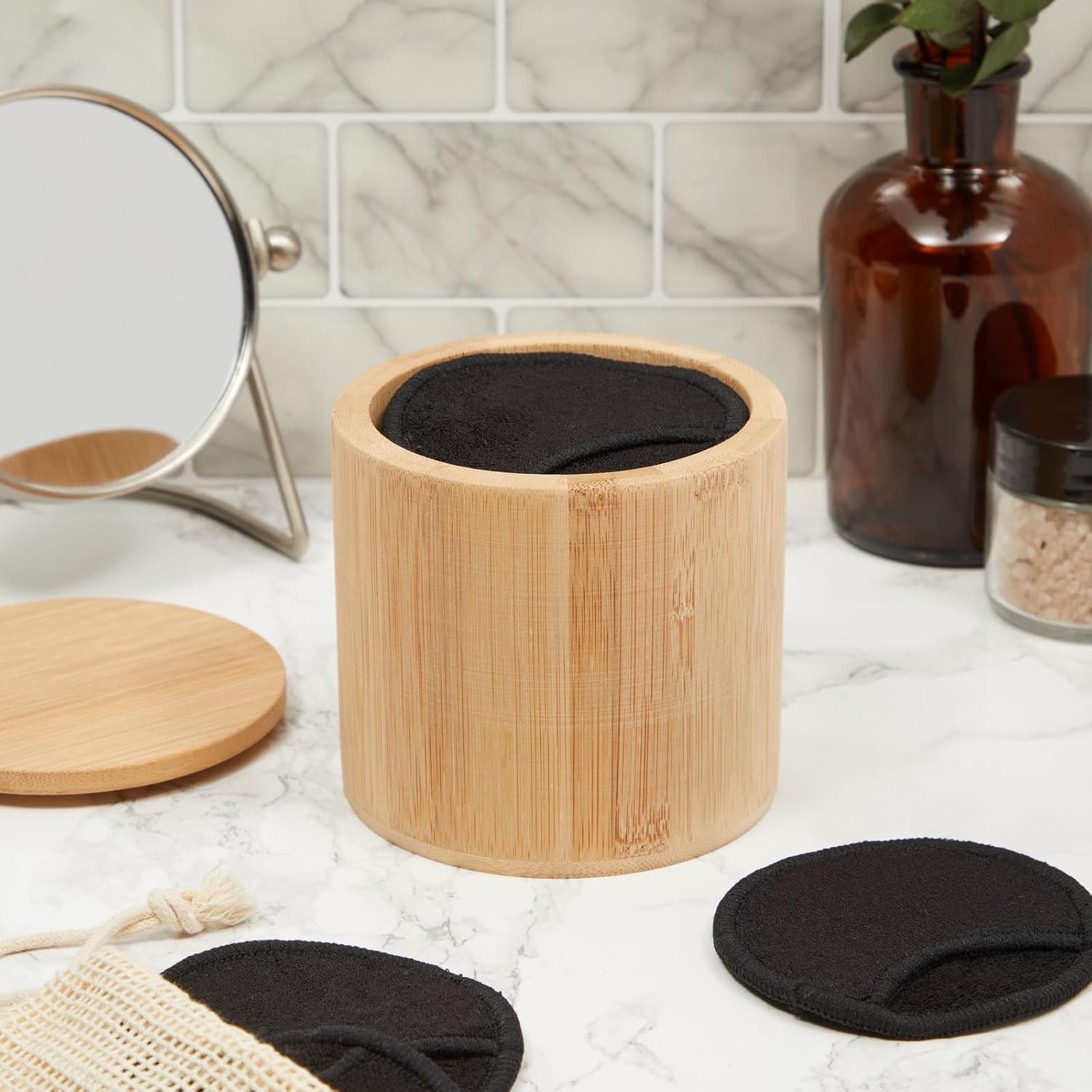 18 Pack Reusable Cotton Rounds for Makeup Removal with Bamboo Holder and Mesh Storage Bag (Black) - Image 3