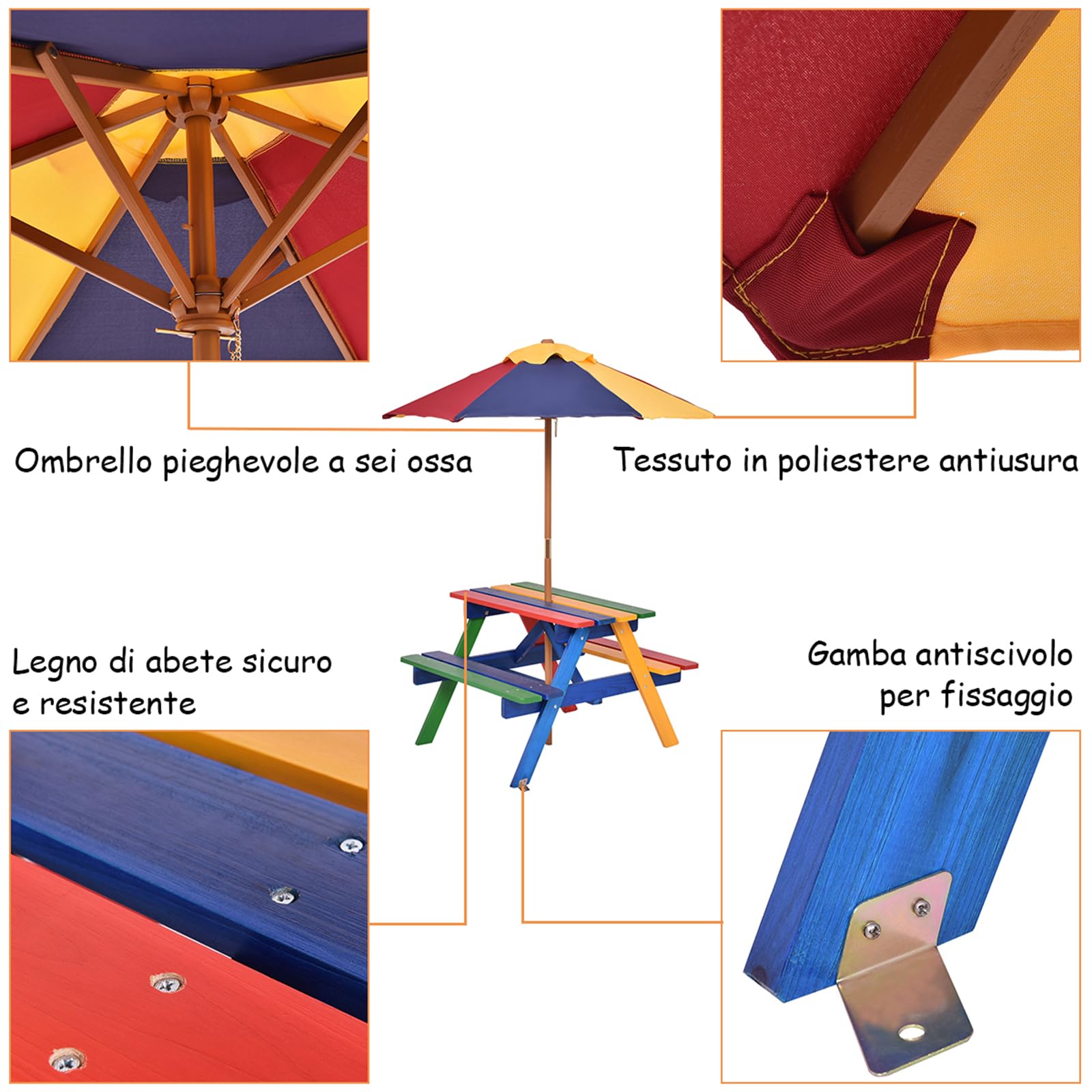 COSTWAY Set con Tavolo Picnic di Legno e Ombrellone per Bambini, Tavolo e Panchina con 4 Posti e Ombrellone Pieghevoli, Tavolino e Sedie Multiuso per Esterno Giardino Cortile