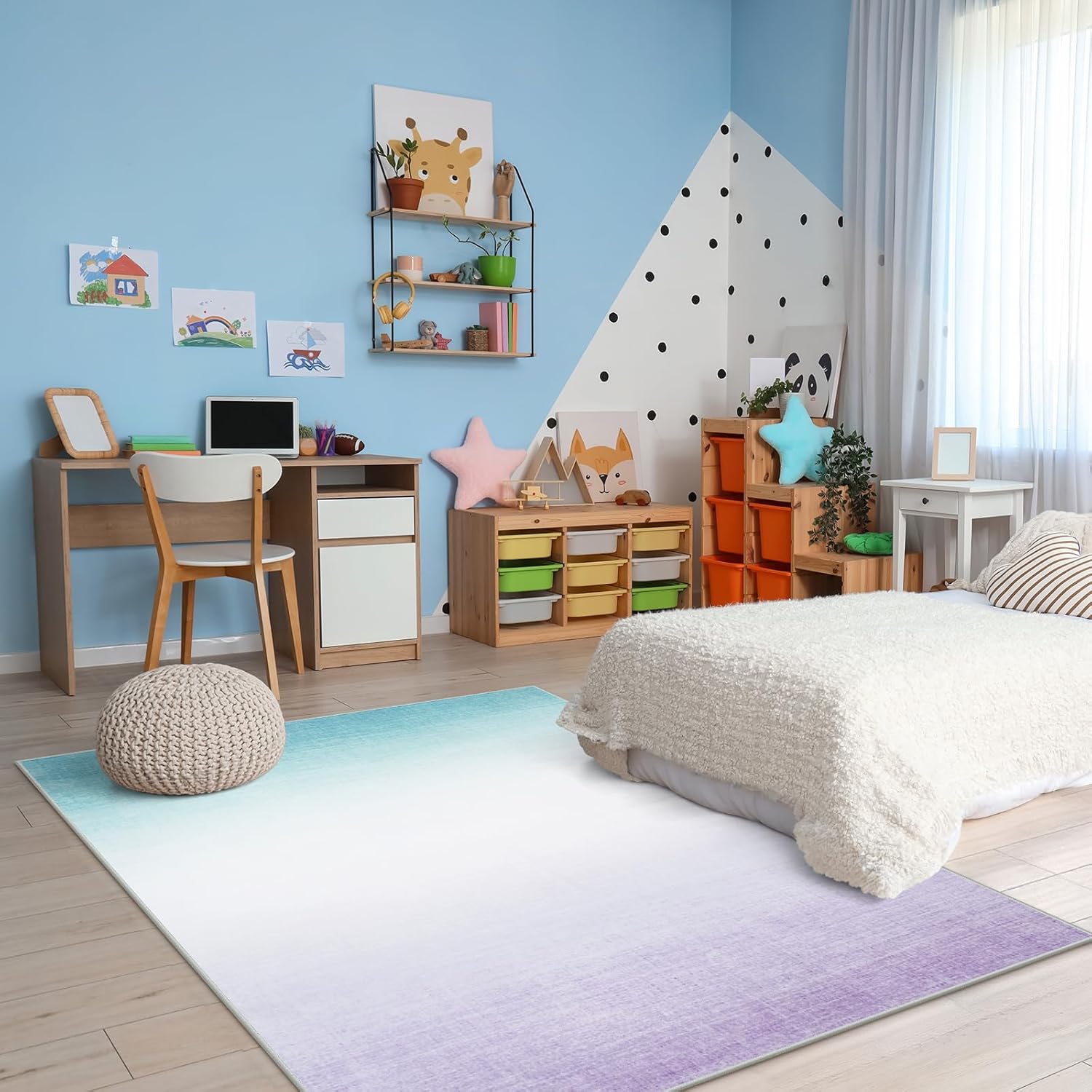 Machine Washable 5x7 Area Rugs for Living Room Ombre, Non Slip Purple Soft Low Pile Abstract Modern Cute Girls Rugs for Bedroom Indoor, Large Carpet Playroom Nusrery Kids Dining Office Room Rugs