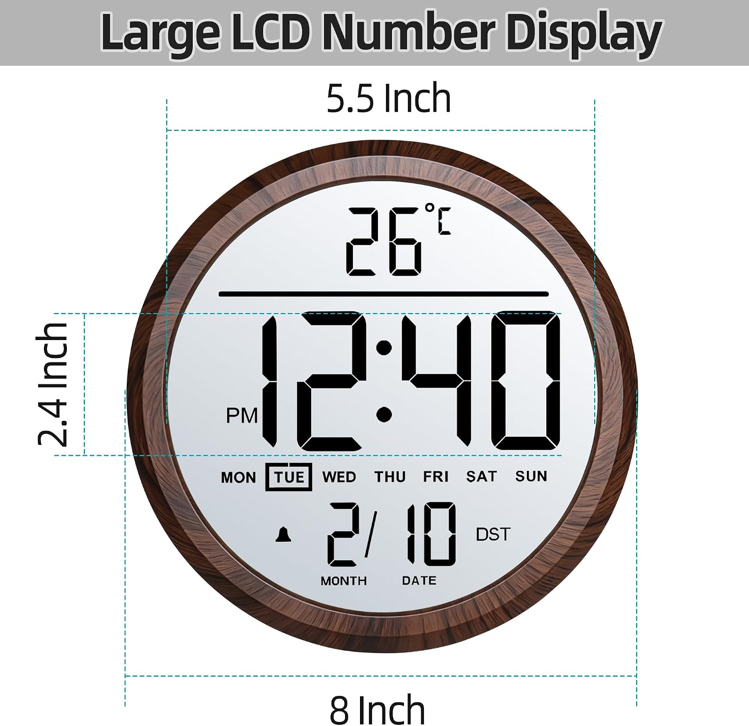 8" Round LCD Digital Wall Clock Battery Operated with Temperature and Date, Big Numbers Display, Auto DST and Alarm, for Office, Classroom, Bedroom, Living Room, Kitchen