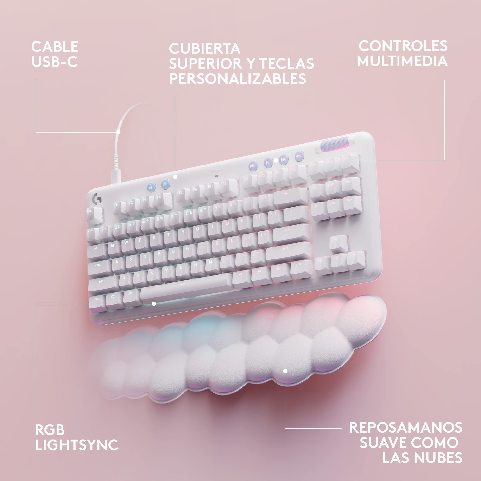 Logitech G G713 Teclado Para Gaming Con Cable Con Iluminación LIGHTSYNC RGB | Interruptores Táctiles (GX Marrón) Reposamanos Para Teclado, Con PC y Mac, Blanco Niebla, QWERTY US INT'L - Niebla blanca