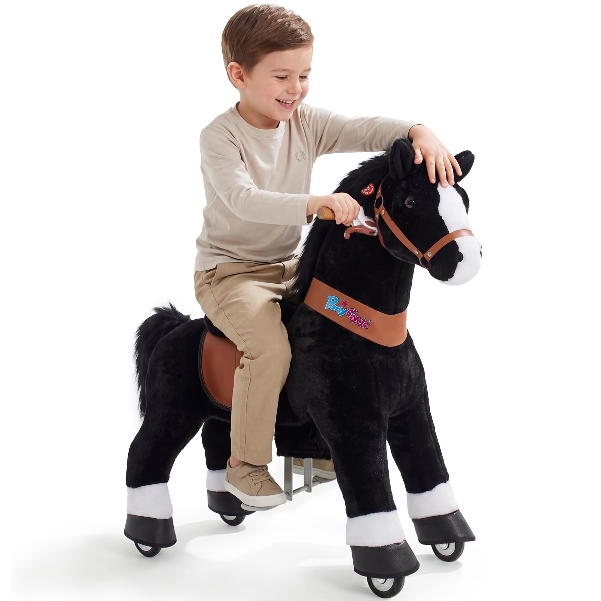 PonyCycle® Reitpferd auf Rollen | für Kinder 4–7 Jahre, 89cm | Schwarzes Plüsch Reitpferd mit Handbremse & Klang | Schaukelpferd, Stehpferd, Indoor & Outdoor | Klassisches Modell U – Ux426