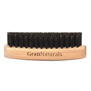 GranNaturals Boar Bristle Slick Back Hair Brush - Palm Size - Soft Medium Smoothing Hairbrush to Style, Polish, Lay Hair Down Flat to Create a Sleek Frizz Free Hairstyle for Women and Men