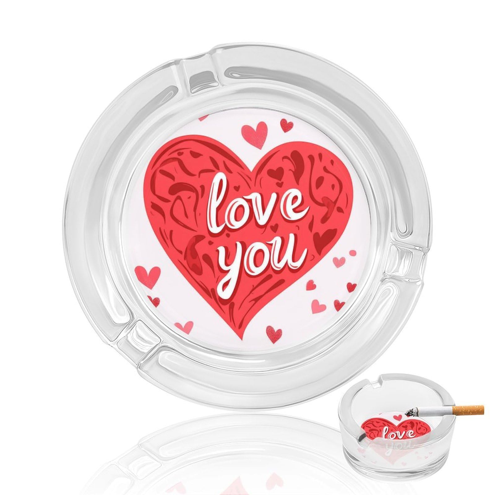 Jubonexis White Heart Valentine's Day Red Letters Love You Glass Ashtray For Cigarettes Portable Decorative Ash Trays For Home Office Decor