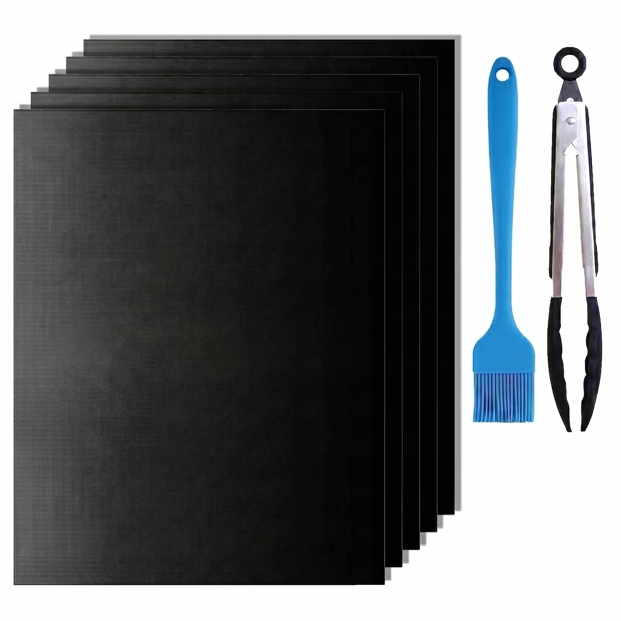 GROFIS 5er Set BBQ Grillmatte für Gasgrill, 60x40cm Antihaft Grillmatten aus Teflon, Backmatte Backpapier Wiederverwendbar, Grillplatte mit Pinsel & Clip, Zuschneidbar Dauerbackfolie für Holzkohle