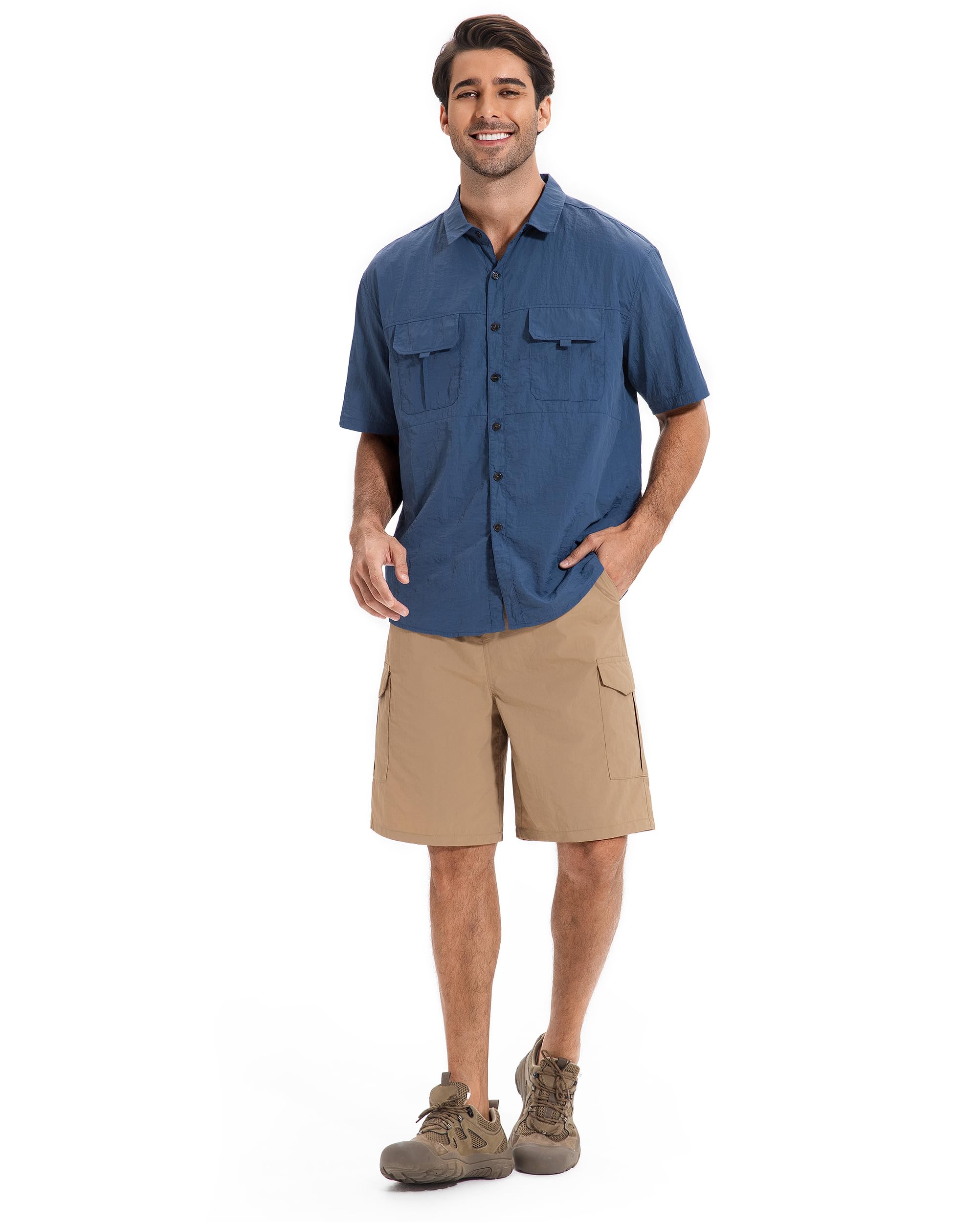 AMZSPORT Camisa de Senderismo Transpirable para Hombre Corte Holgado con Bolsillos Manga Corta Informal para MontañIsm，Pesca, Viajes, Safari