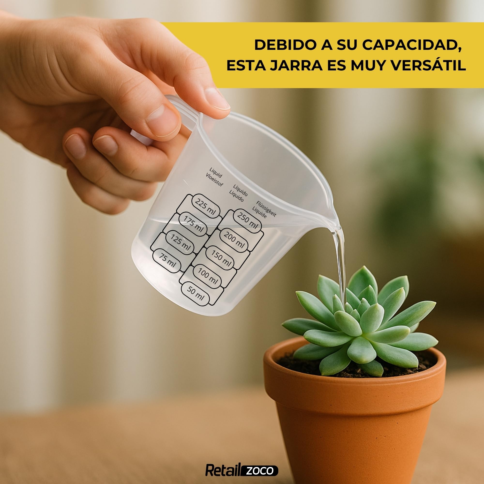 CHEFZOCO Jarra Medidora, Vaso medidor, Recipiente medidor para la cocina, Apto para calentar en microondas, Asa Ergonómica, Uso prolongado y repetido, Graduación dual ml/gr, Plástico, Transparente
