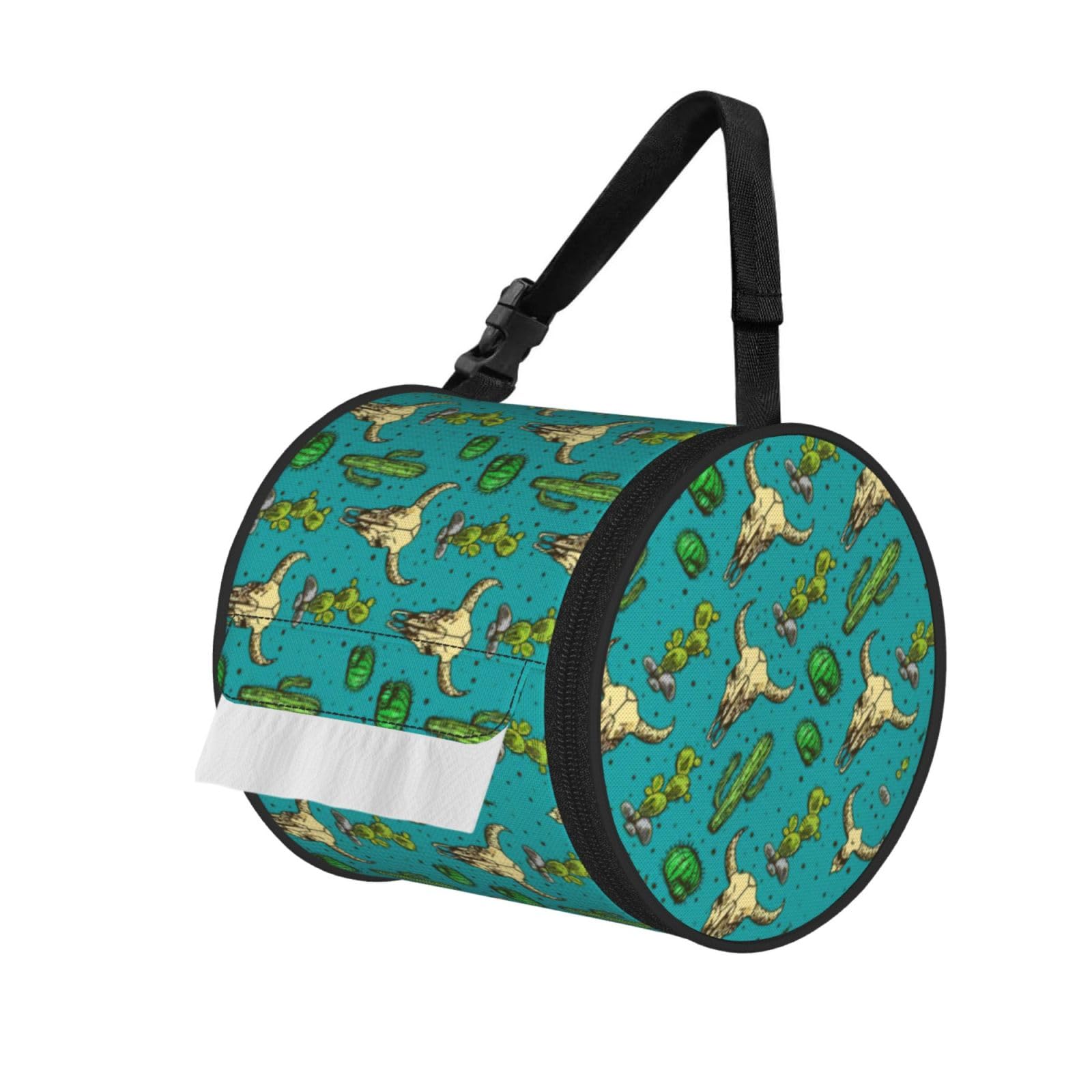 Cute Cactus and Skull of Bull Printed Roll Paper Carrier Bag, Foldable Oxford Cloth Tissue Case for Camping Hiking Backpack