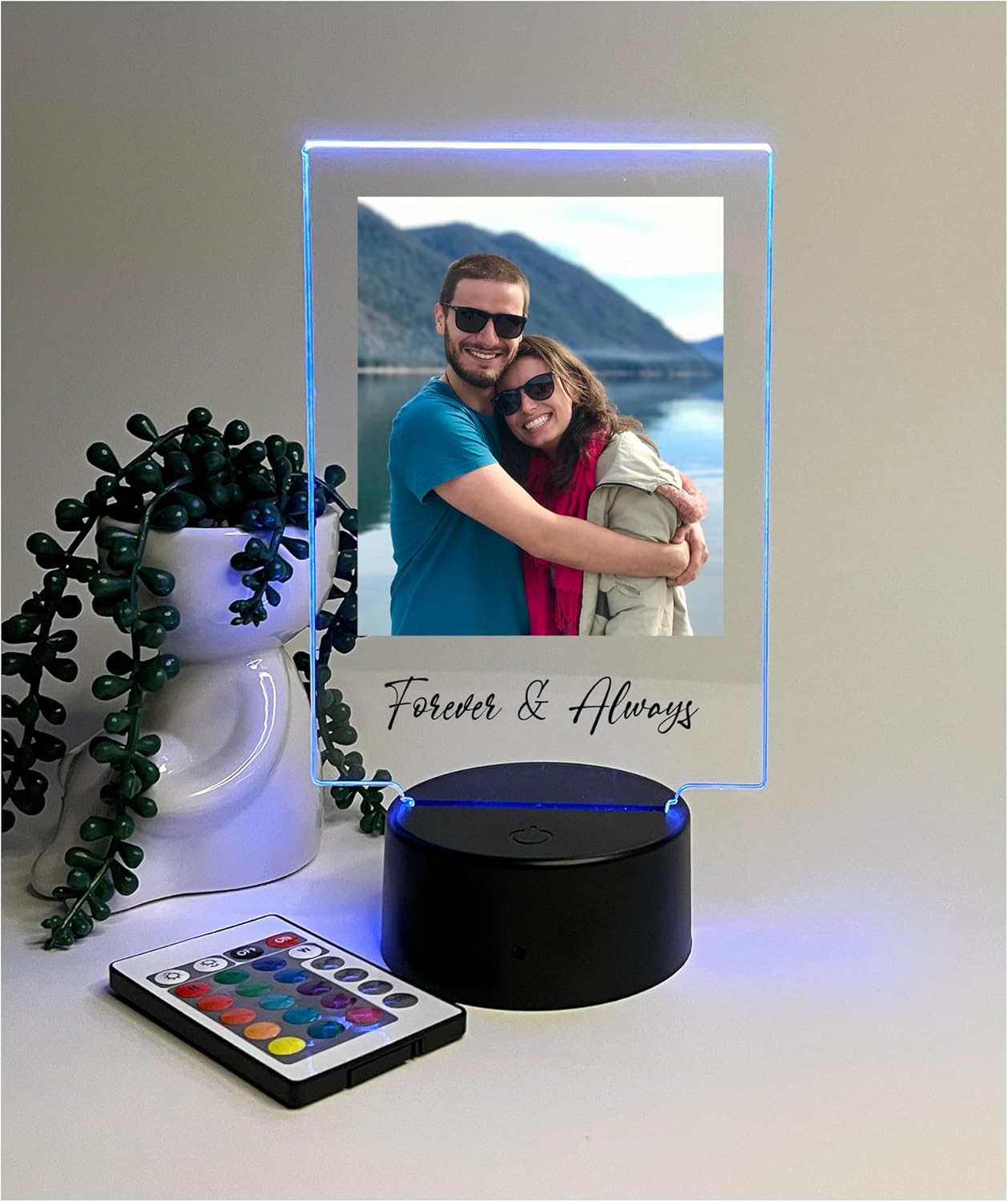 MIRROR MANIA Custom Personalized Photo Your Own Picture LED Light Up Stand Home Décor Gift for Her Him Anniversary Wedding Couple Girlfriend Boyfriend Desk Lamp 16 Colors Options & Remote