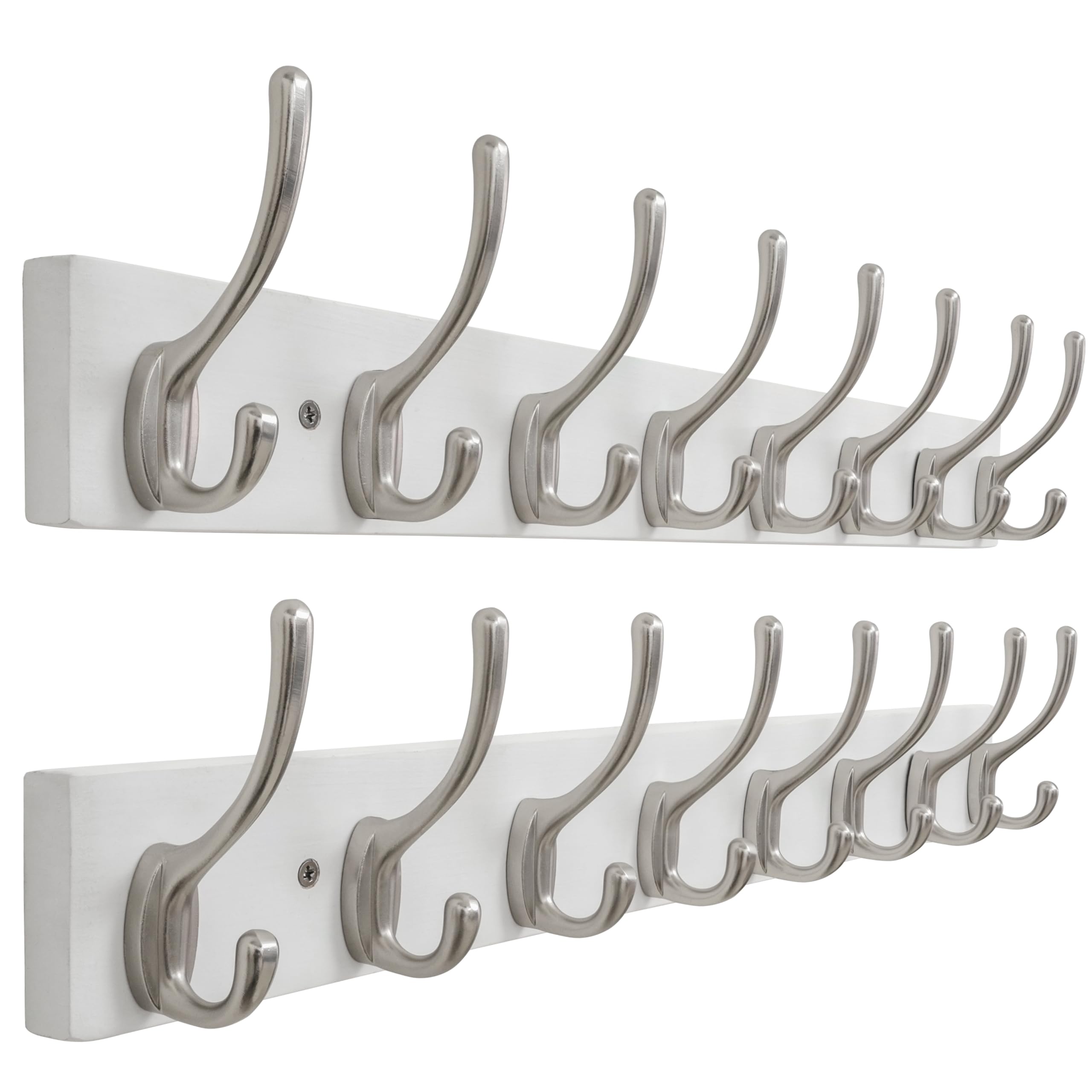 SKOLOO Solid Pine Wood Wall Mounted Coat Hooks, 56cm Long, Pack of 2, 8-Hook Modern Entryway Organizer with 16" Stud Installation, for Hallway, Bathroom, Kitchen (White Wood/ & Nickel Hooks)​
