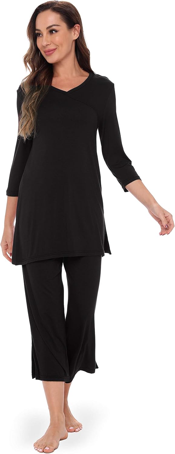 GYS Bamboo Viscose Capri Pajamas for Women Set, 3/4 Sleeve Long Shirts and Capri Pants Lounge Sets, Soft Sleepwear PJs Set - Image 4