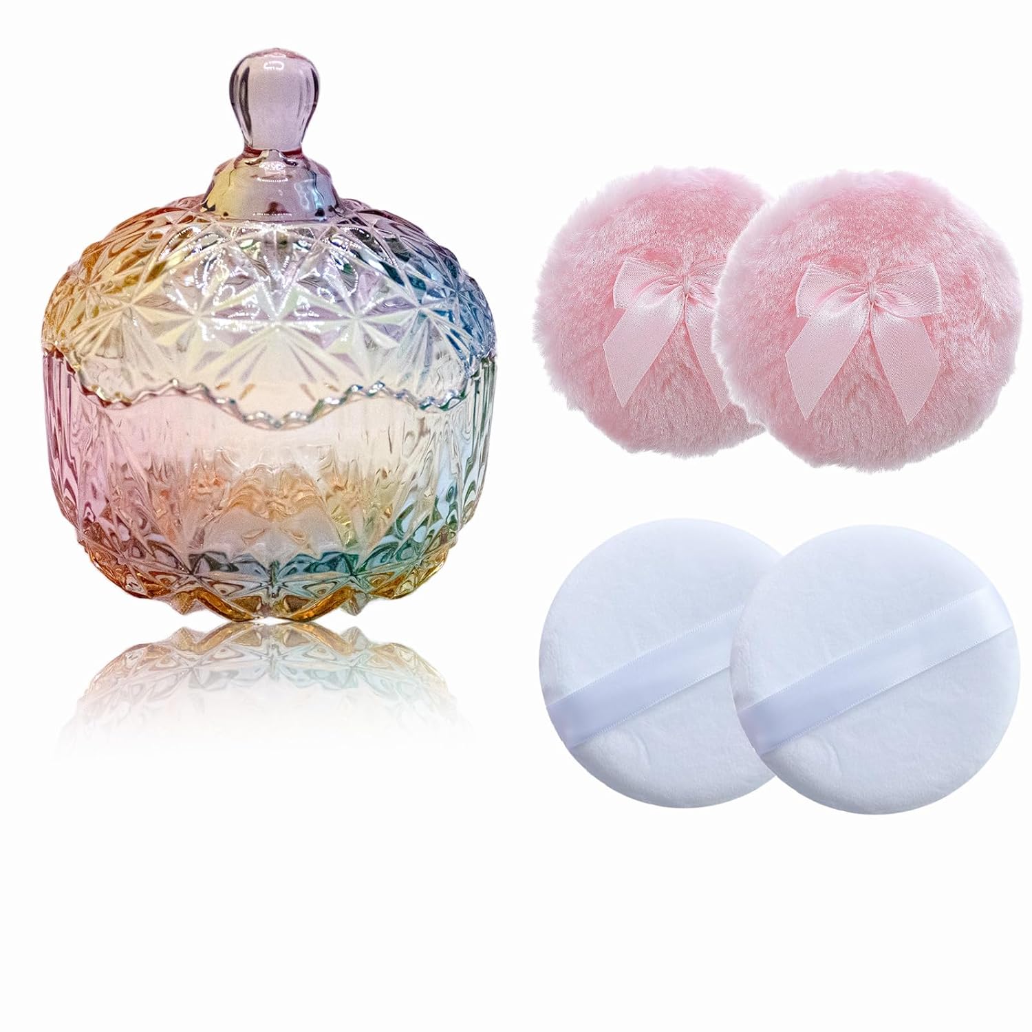 5 Pieces Large Body Powder Puff and Powder Container, Crystal Case for Dust Puff, Powder applicator with Box for Face and Body (Color, Crown)