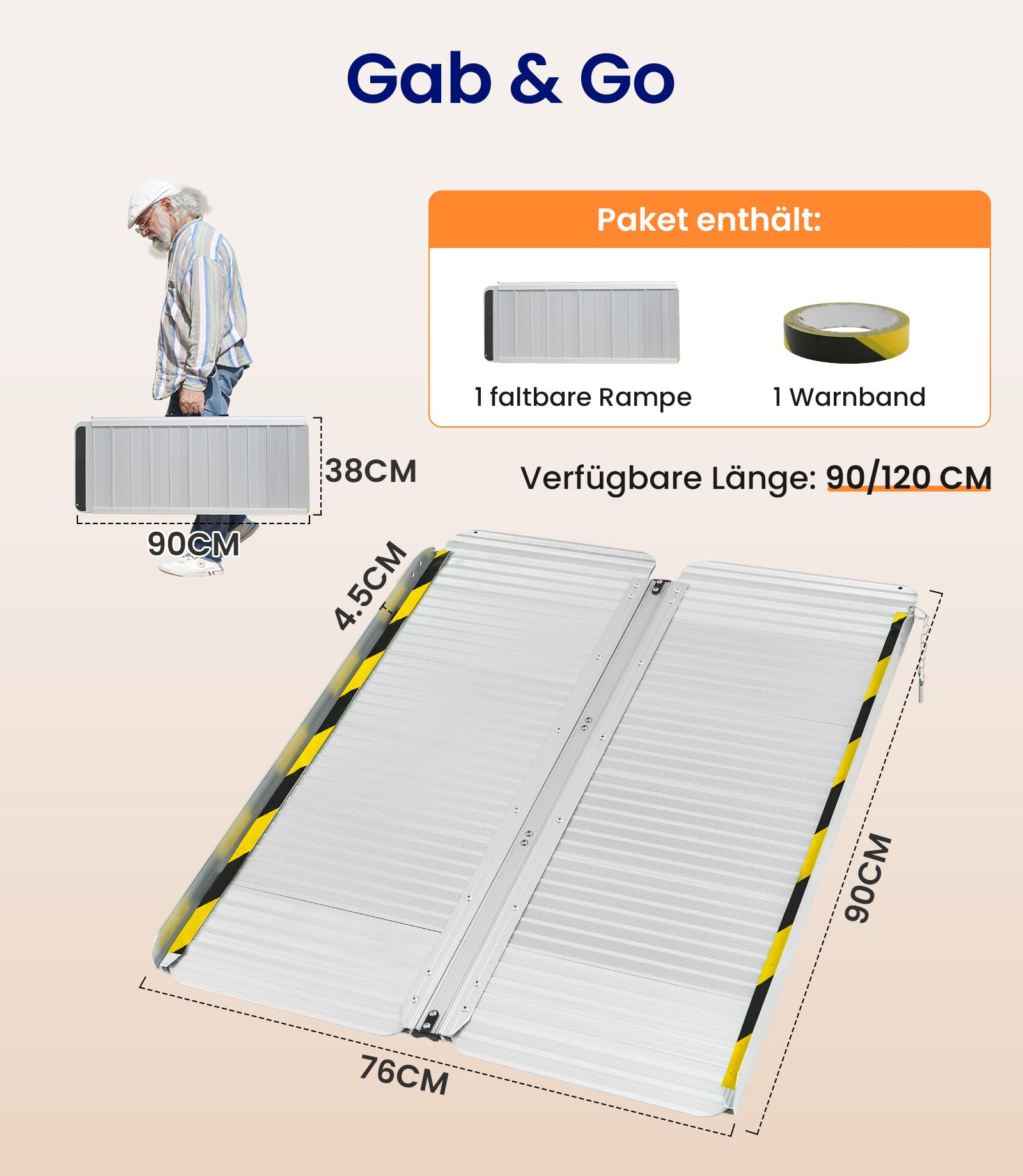 VOCIC CP32 Rampe Rollstuhl Klappbar,Rollstuhlrampe faltbar 90CM für Treppen | Langlebig Aluminium Rampe bis 300KG für Rollstuhl 76CM Extrabreit,Leicht Treppenrampe Auffahrrampe Zuhause Auto geeignet