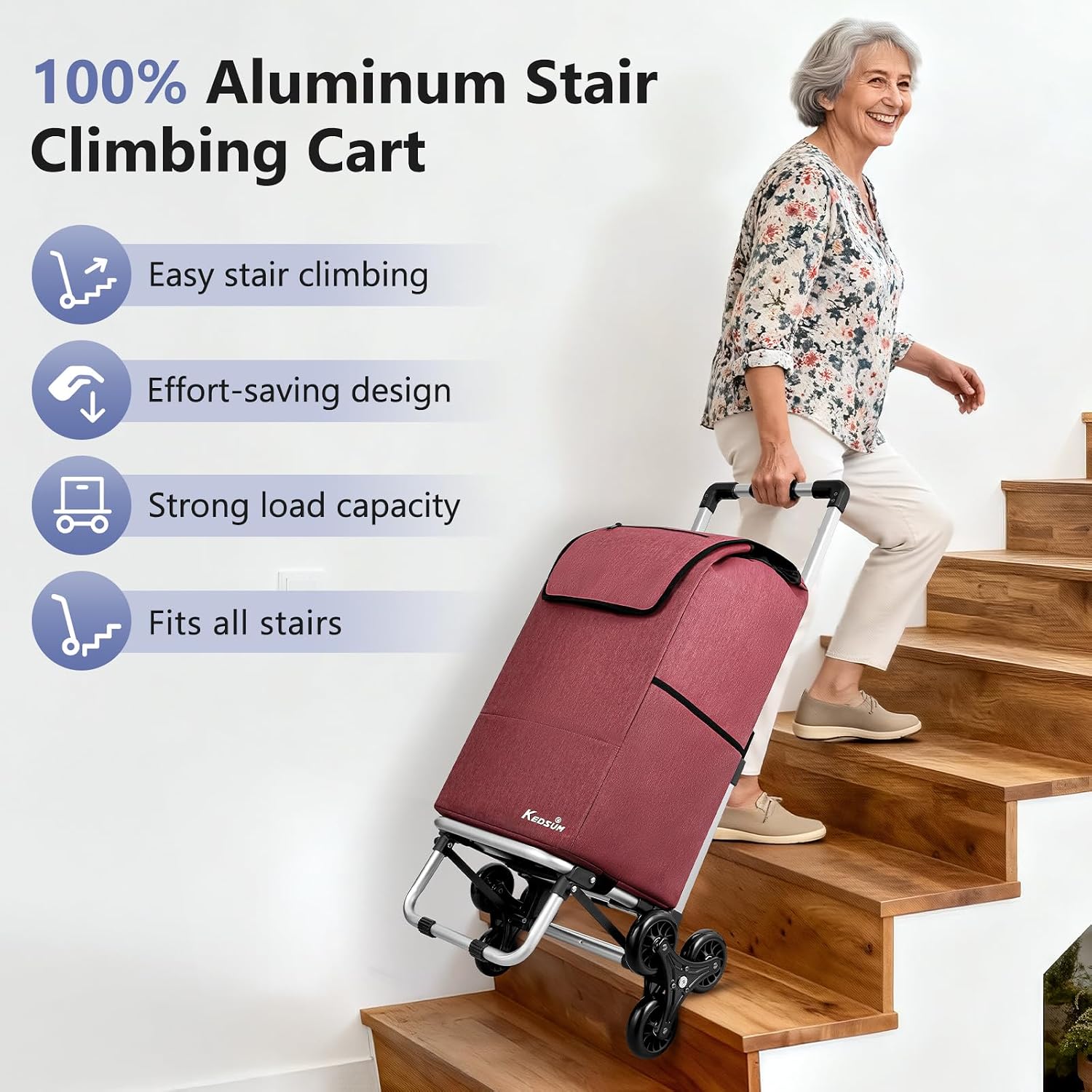 Woman effortlessly pulling the KEDSUM stair climbing cart up a set of wooden stairs