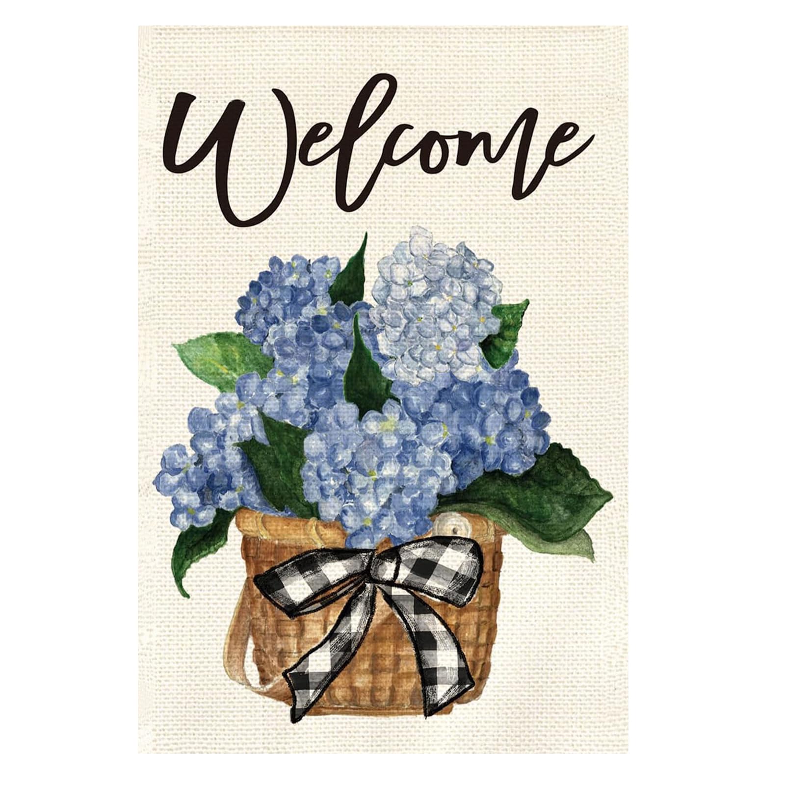 GGCC 7 FALG 12x18 inch Patio, Lawn & Garden outdoor flags - Welcome with Blue Hydrangeas in Woven Basket - Rustic Country Decor - Home Garden Accent